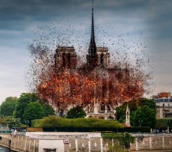 Digital concept of early stages of Notre Dame Cathedral fire, which occured on April 15, 2019 in Paris, France